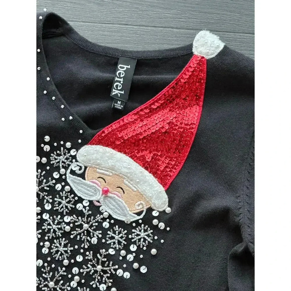 Vintage Berek Black Santa Embellished Sequins Ugly Christmas Sweater Size M - Picture 4 of 6